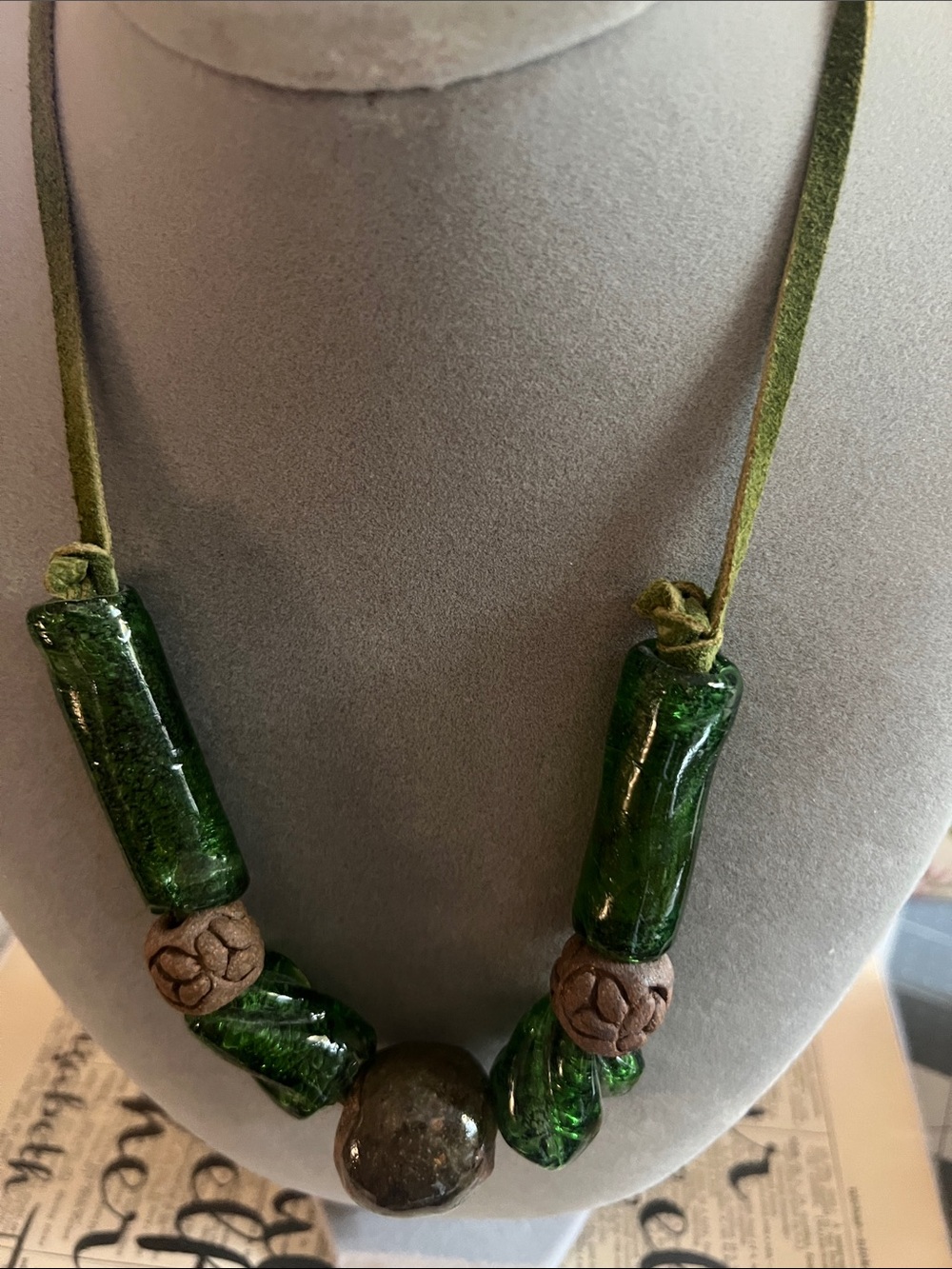 Artisan boho Green Glass Bead Statement Necklace with Earthy Accents